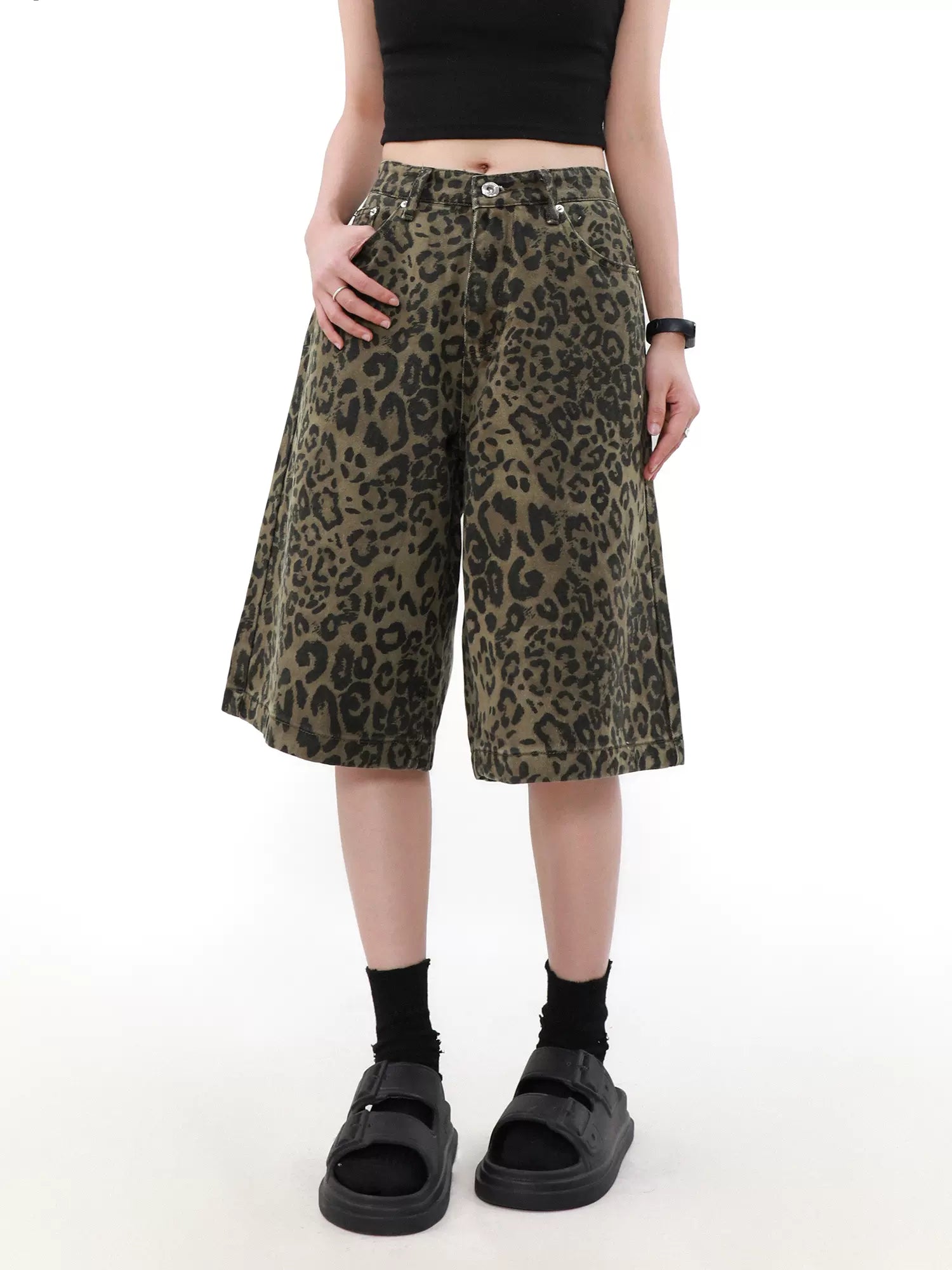 Leopard Pattern Denim Shorts