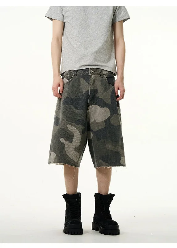 Camo Raw Edge Denim Shorts