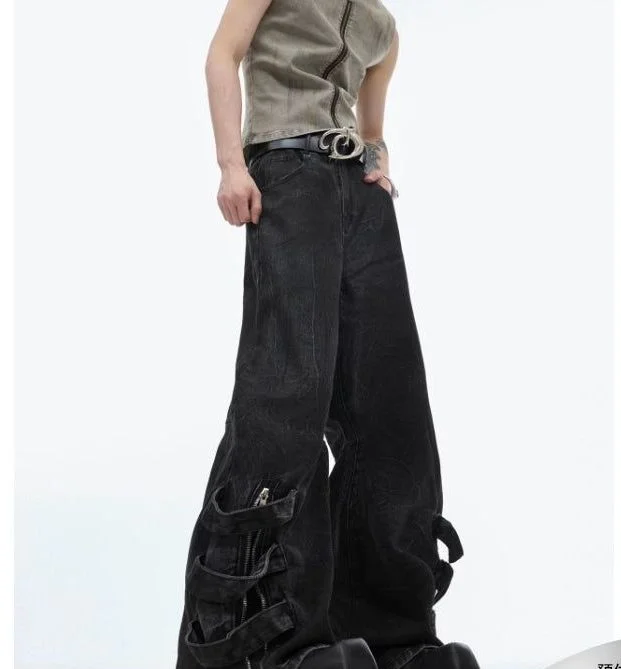 Distressed Strap Pleated Jeans