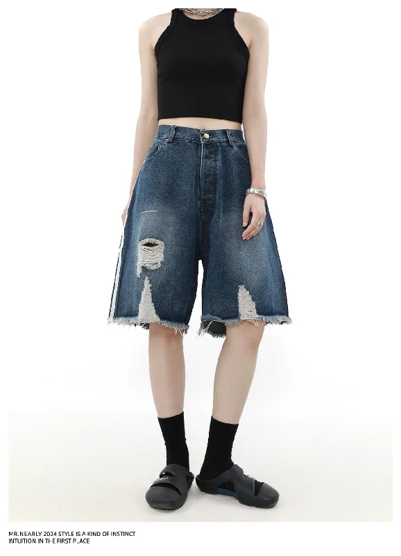 Striped Raw Edge Ripped Denim Shorts