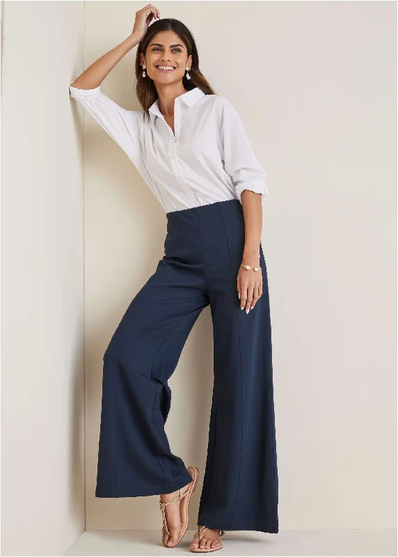 Smoothing Ponte Wide-Leg Pants - Navy