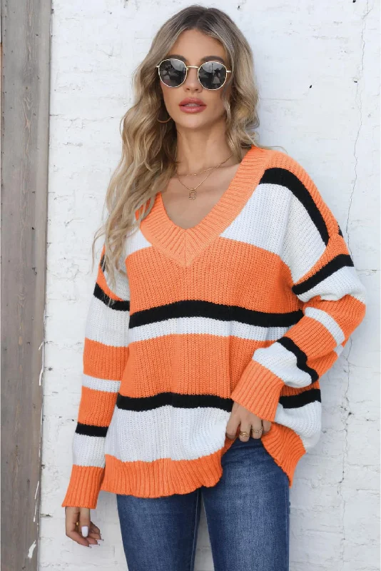 Color Block V-Neck Dropped Shoulder Sweater