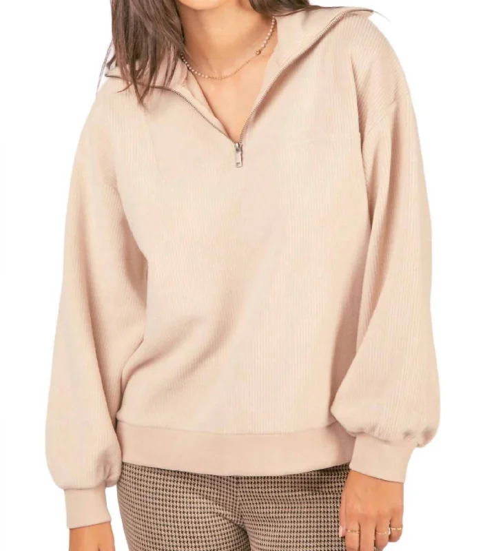 Rib Knit Quarter Zip Sweater In Cream