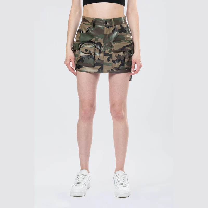 Utility Vegan Leather Mini Skirt - Wood Camo