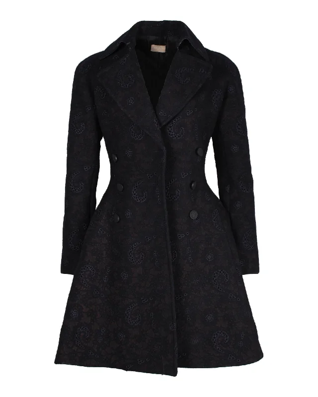 Alaia Printed Flared Coat in Black Wool