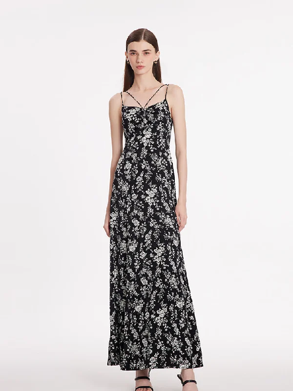 Camellia Print Spaghetti Strap Women Maxi Dress