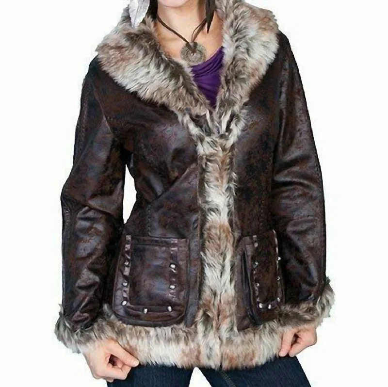 Faux Fur Leather Distressed Jacket In Multi