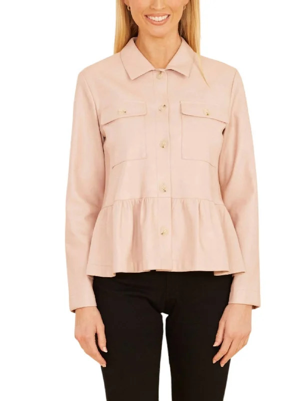 Faux Leather Peplum Shirt Jacket In Pink