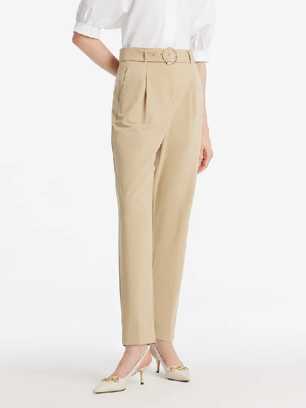 High-Waisted Ruched Tapered Women Pants With Belt