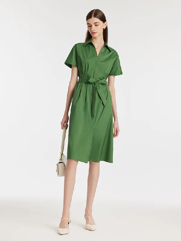 Lapel V-Neck Women Midi Shirt Dress With Belt