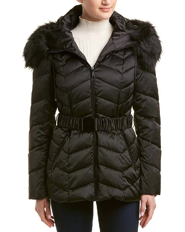 Leon Faux Fur Trim Hood Belted Coat Short Jacket In Black