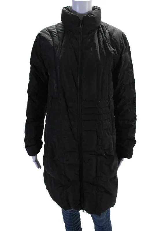 Moncler Womens Quilted Texture Long Zip Collared Hood Puffer Jacket Black