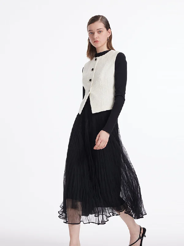 Single-Breasted Vest And Sheath Sweater And Tulle Skirt Three-Piece Set