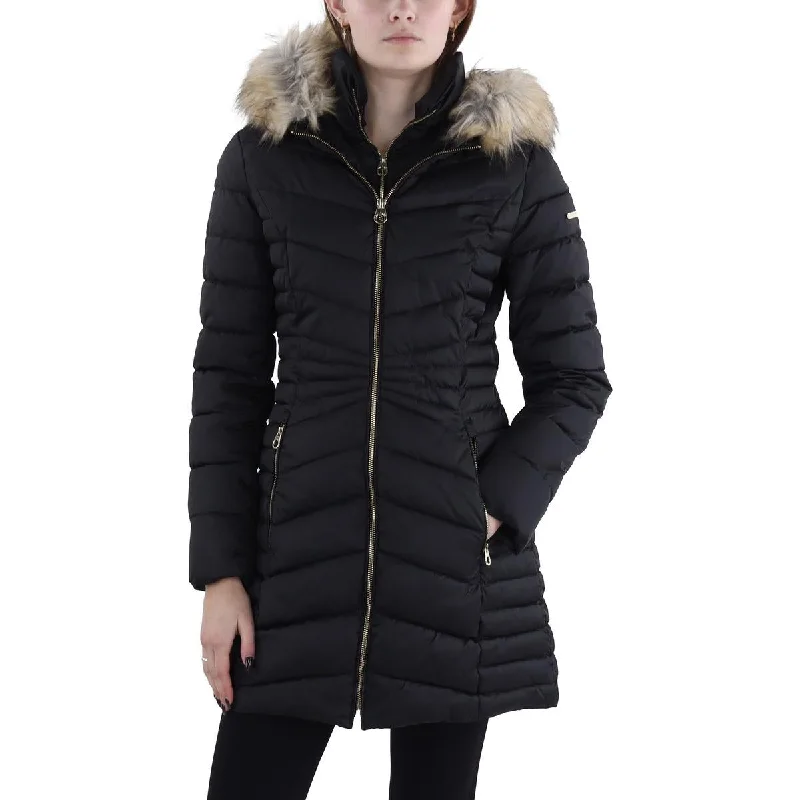 Womens Faux Fur Trim Hooded Puffer Jacket