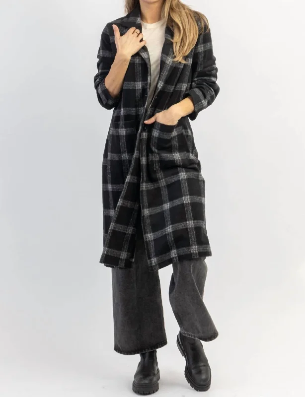 London Calling Plaid Trench Coat In Black + Grey