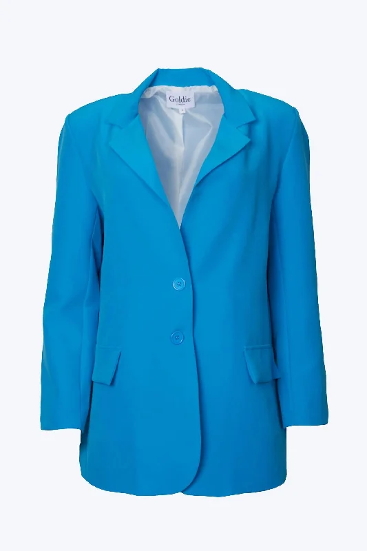 Oversized Single-Breasted Twill Crepe Blazer In Sea Blue