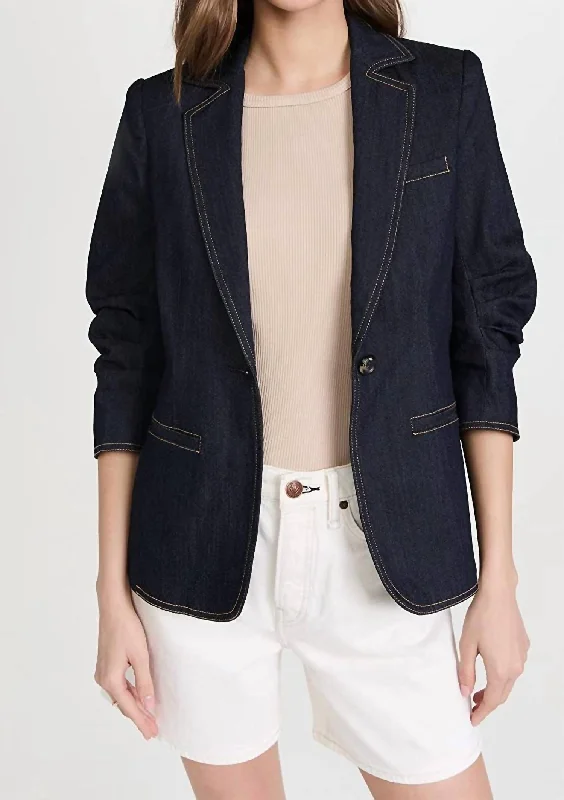 Women Khloe Single Button Stylish Sleeve Denim Blazer In Indigo