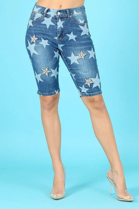 The Star Print Knee-Length Denim Shorts