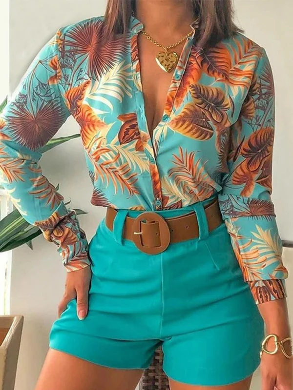 Women's Printed Shirt Stand Collar V-neck Long Sleeve Shirt With Belted Shorts Set