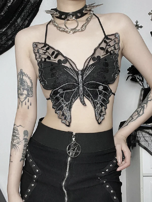 Gothic Backless Summer Butterfly Streetwear Hollow Out Crop Lace Top