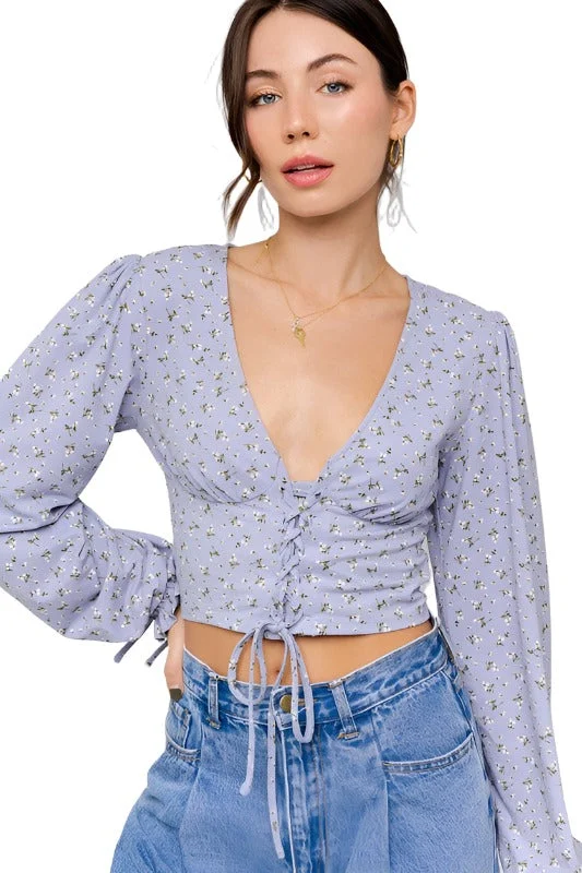 Sleeve Lace Up V-Neck Top