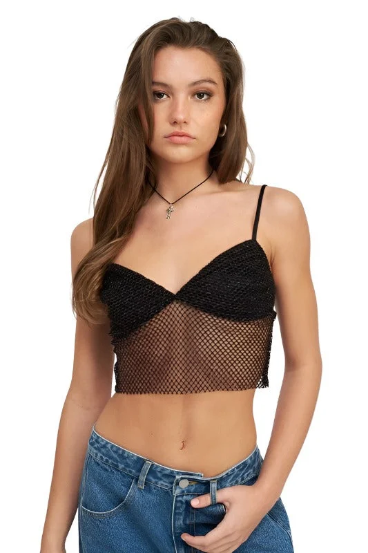 Spaghetti Strap Crop Top With Mesh Detail