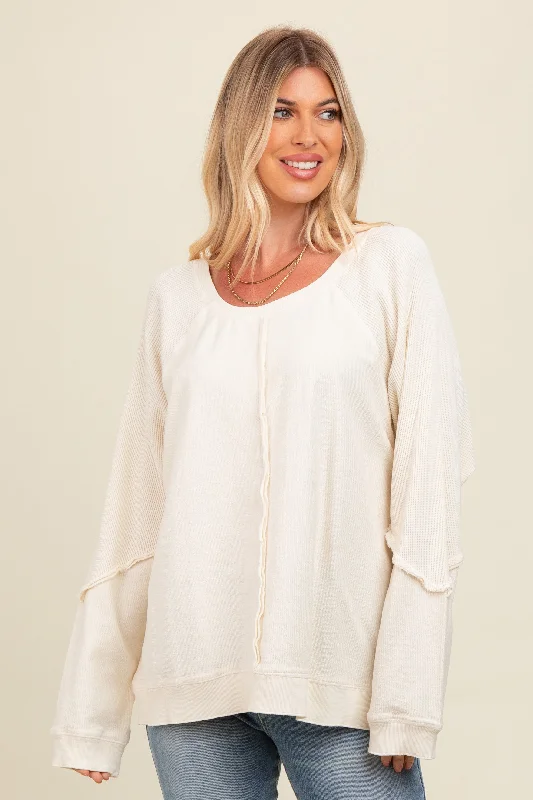 Cream Mixed Knit Raw Hem Pullover Top