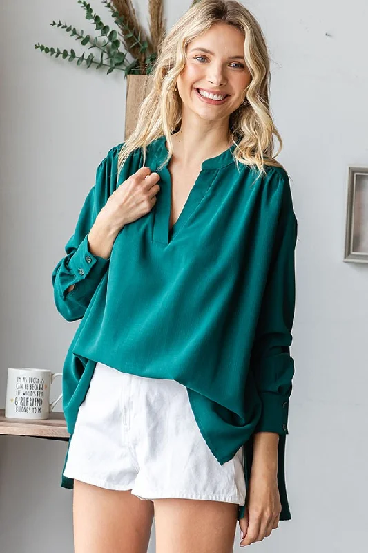 Forest Green V-Neck Oversized Blouse