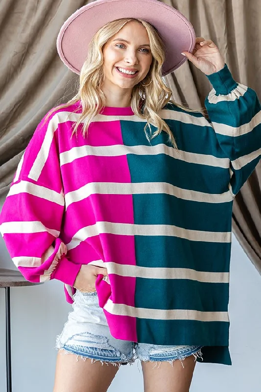 Fuchsia Striped Colorblock Dolman Knit Top