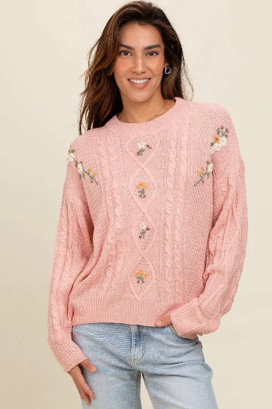 Mauve Embroidered Flower Cable Knit Sweater