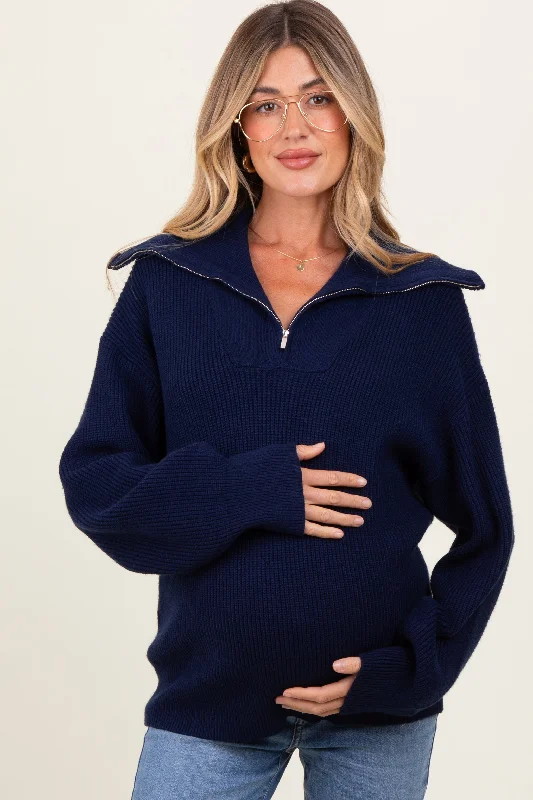 Navy Half Zip Chunky Knit Maternity Pullover Sweater