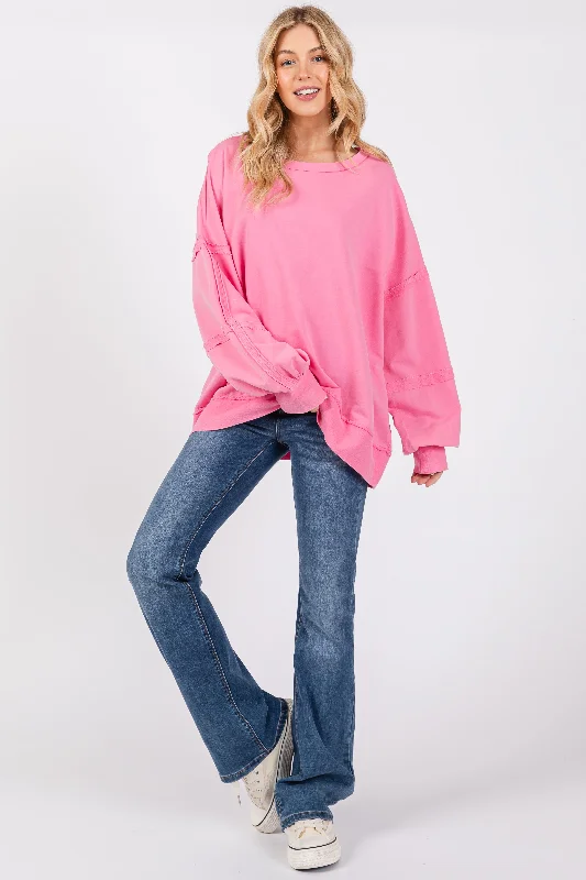 Pink Raw Hem Detail Pullover Top