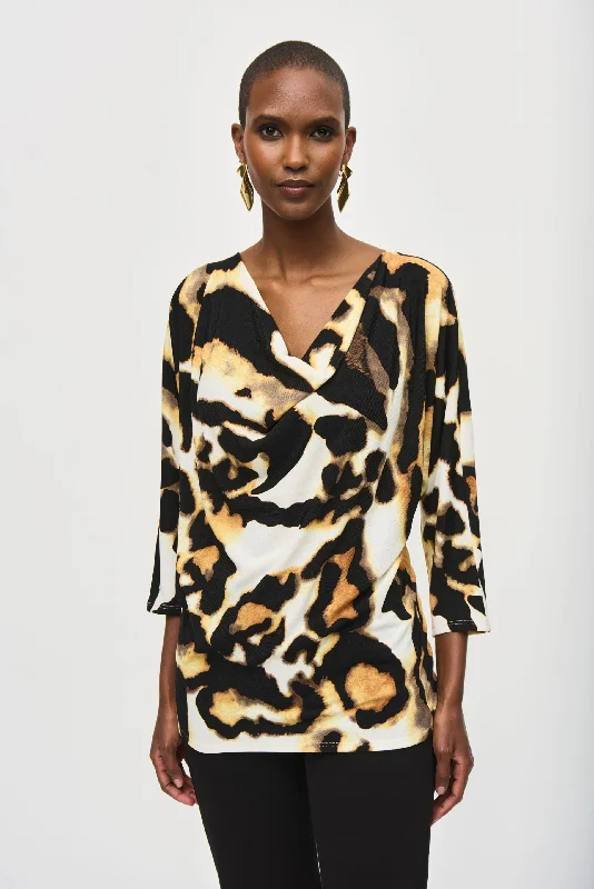 Joseph Ribkoff Off-White/Multi Animal Print Cowl Neck Tunic Top 243310