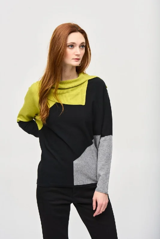 Joseph Ribkoff Wasabi/Black/Grey Melange Color Block Cowl Neck Long Sleeve Top 243941