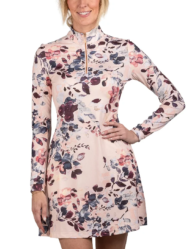 Pearl Blush Watercolor Floral Long Sleeve Athletic Dress